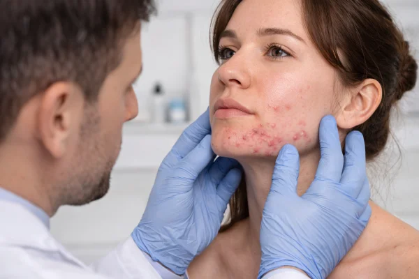 Practitioner examining acne in clinic