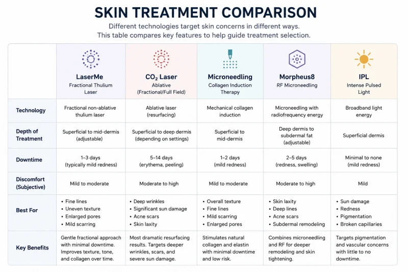 Skin treatment technologies comparison chart