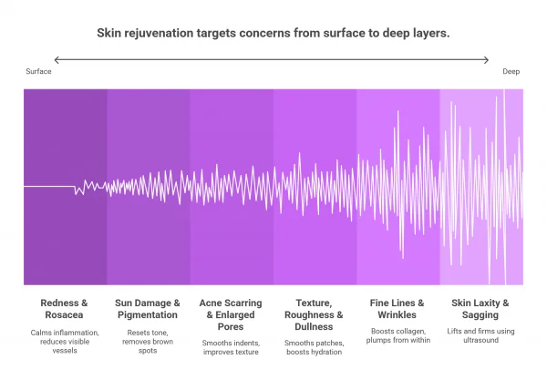 Skin rejuvenation targets concerns from surface to deep layers.