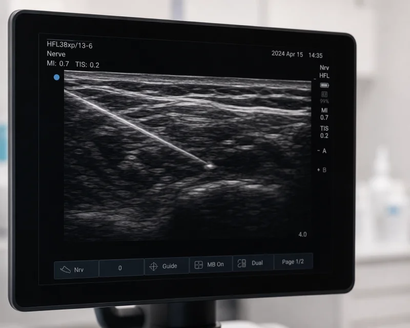 Close-up of an ultrasound monitor showing a bright needle tip visible within greyscale tissue layers, sharp focus on screen, blurred clinical background, realistic medical imaging style