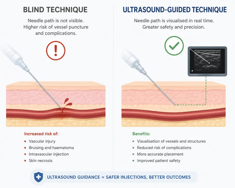 Illustration comparing traditional blind injection technique with ultrasound-guided precision technique