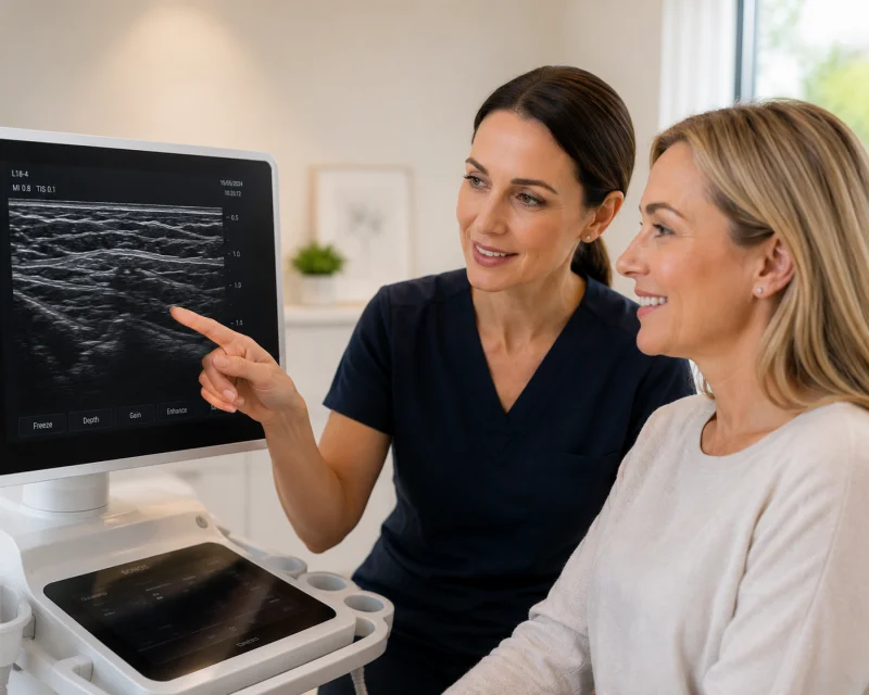 Patient and practitioner reviewing a diagnostic ultrasound scan of old filler