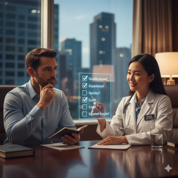 Patient Confidently Asking PRP Questions During a Consultation